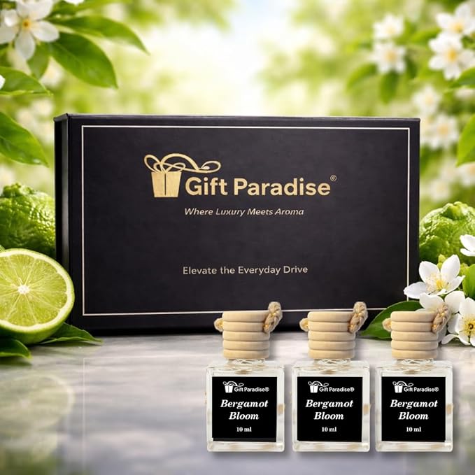 Gift Paradise® Luxury Bergamot Bloom Car Air Freshener Set of 3(10 ml) Hanging Glass Diffusers with wooden Cap, Citrus Floral Fragrance for Car, Home & Office, Long-Lasting – Premium Magnetic Gift Box