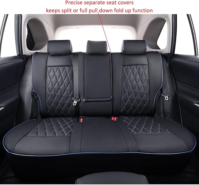 EKR Rav4 Seat Covers Custom Fit for Toyota Rav4(Gasoline) 2019 2020 2021 2022 2023 2024 2025 LE/XLE/XLE Premium/Limited,Leather Car Seat Cover Full Set for SUV,Faux Leather(Black with Blue Piping)