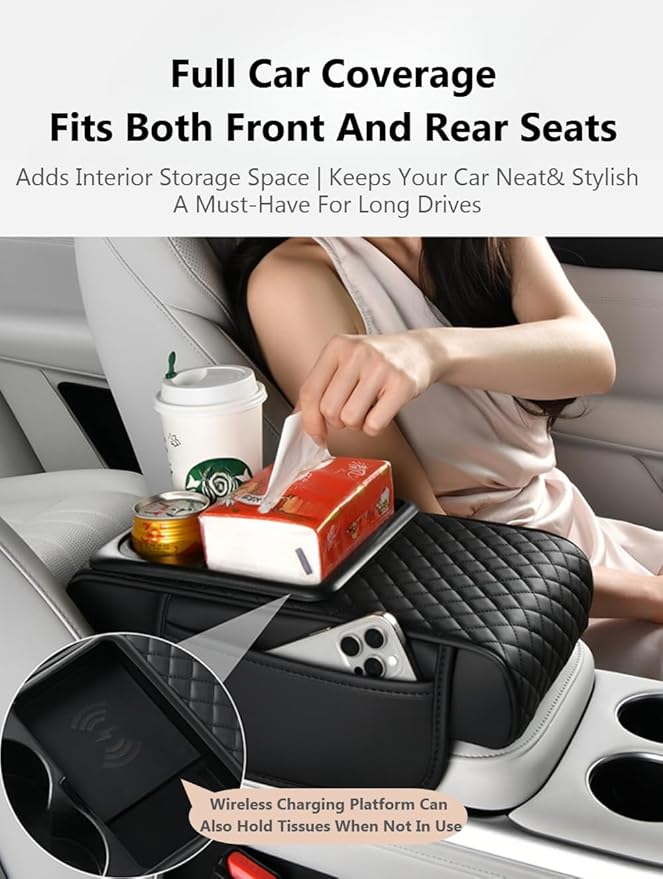 Car Armrest Pad with Built-in Induction Charging, Leather Center Console Cushion with 15W Power Pad, Dual Cup Holders, Storage Pockets - Black-Redline
