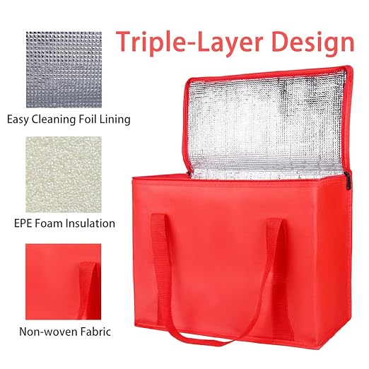 Bodaon 4-Pack Insulated Reusable Grocery Bag, X-Large Cooler Bag for Picnic, Food Delivery Bags, Insulated Pizza Delivery Bags, Red