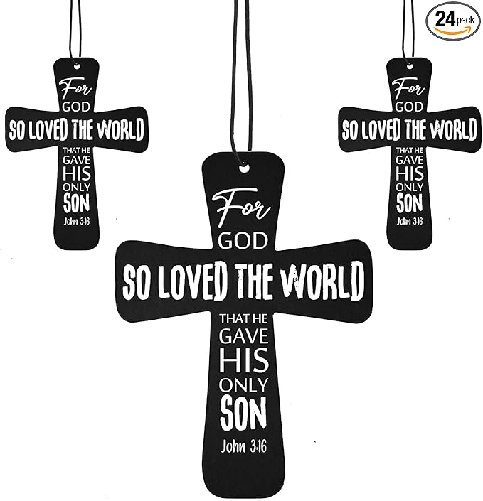 Fumete 24 Pcs Easter Christian Cross Car Air Fresheners Gift Bulk Drift Air Freshener Religious Fresh Scented Hanging Ornaments for Church Sunday School Gifts (So Loved the World)