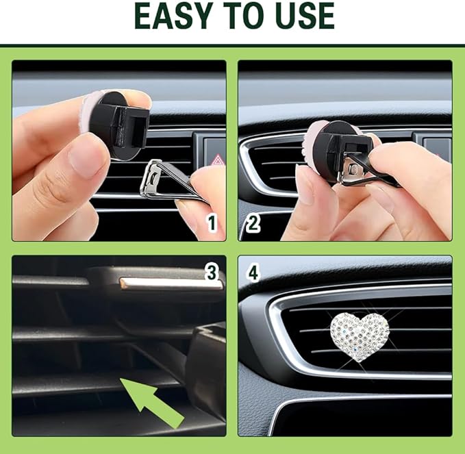 2PCS Bling Heart Air Vent Clips, Heart Car Accessories, Bling Heart Charm Air Conditioning Outlet Clip, Car Interior Decor Air Fresheners Vent Clips Universal Fit for Women and Girls (White)