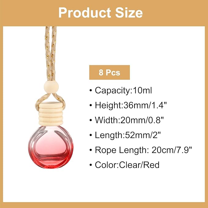 uxcell 8pcs Hanging Car Air Freshener Perfume Bottle, 10ml Pendant Empty Clear/Red Glass Essential Oil Aromatherapy Diffuser with Wooden Cap for Car Decor (Clear/Red, Round)