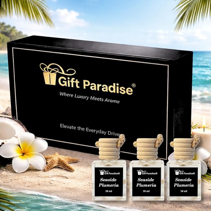 Gift Paradise® Seaside Plumeria Hanging Car Air Freshener Set of 3(10 ml) Fragrance Oil Diffusers with Wooden Cap, Tropical Floral Beach Scent, Long-Lasting for Car, Closet & Office, Magnetic Gift Box