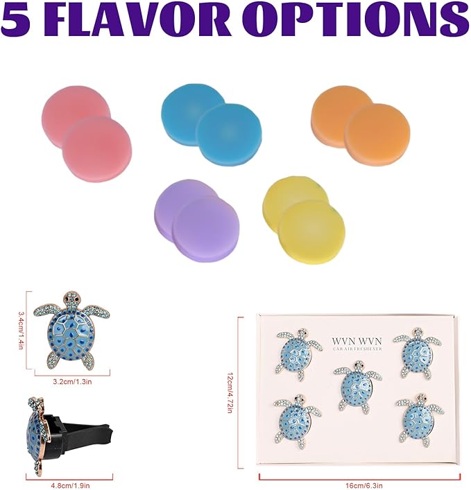 5 PCS Sea Turtles Car Decor, Cute Beach Themed Air Freshener Vent ClipsCar Accessories Decoration for ，Reusable Essential Oil Diffuser, Universal for Most Cars (Blue)