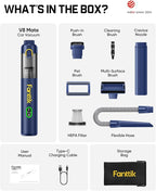 Fanttik V8 Mate Upgraded Cordless Car Vacuum, Portable Mini Vacuum with 13000pa Suction Power, 2 Suction Modes, Type-C Charge, Handheld Vacuum for Car, Small Tasks, Keyboards, Office Desk (Blue)