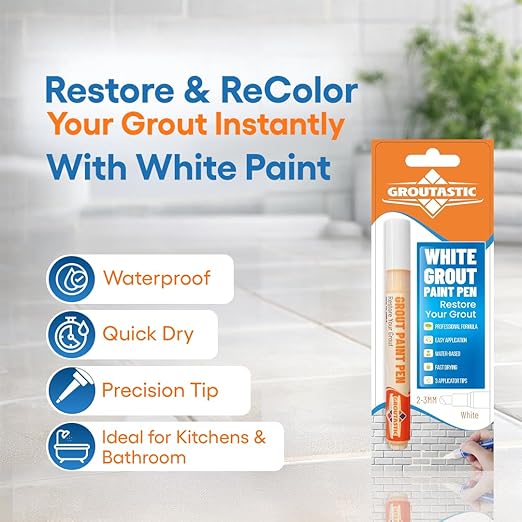 Grout Paint Pen White — Grout Colorant & Sealer Marker for Tile Repair, Restores & Whitens Grout Lines, Quick-Dry, Bathroom Kitchen Shower | Groutastic