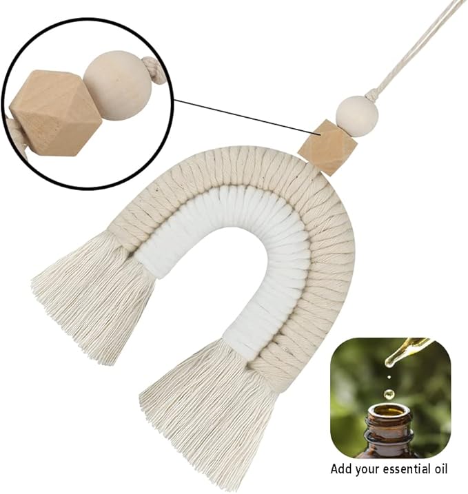 Macrame Rainbow Charm Boho Felt Ball Wood Bead Essential Oils Diffuser Interior Decor Handmade Car Accessories Colorful Hanging Air Freshener Decor(Beige)