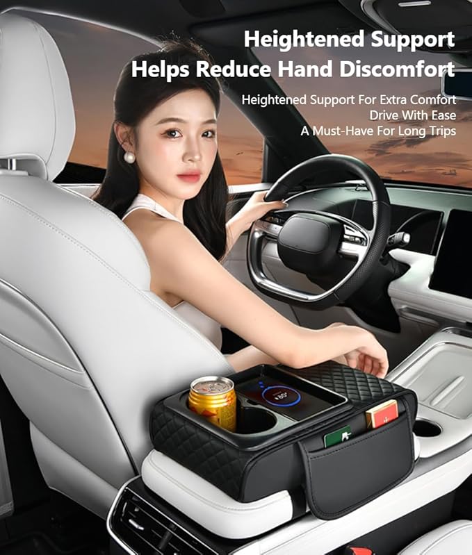 Car Armrest Pad with Built-in Induction Charging, Leather Center Console Cushion with 15W Power Pad, Dual Cup Holders, Storage Pockets - Black-Redline