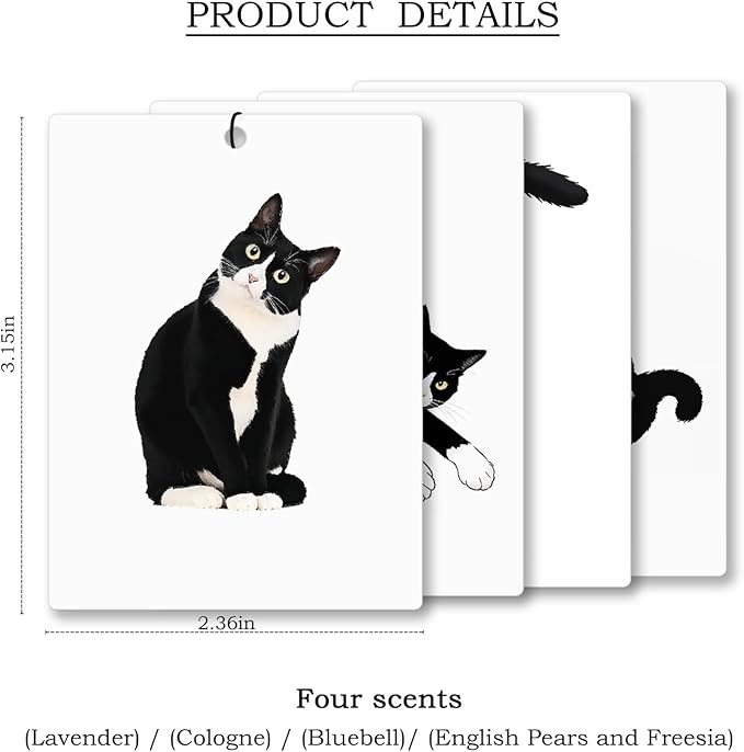 Funny Tuxedo Cat Car Air Freshener 4 Pcs, Black and White Cat Hanging Scents Air Freshener for Women Girls Gifts, Cute Kitty Kitten Scented Car Accessories Decor for Room Closet Drawer