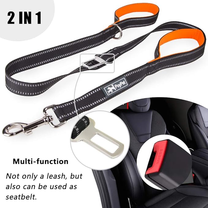 PoyPet 5 Feet Heavy Duty Dog Leash - Car Seat Belt - 2 Handles -Padded Traffic Grip for Extra Control(Orange)