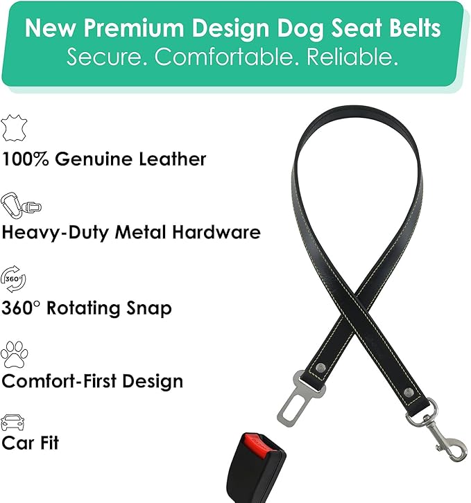 Genuine Leather Dog seat Belt for car, Safe Distraction Free Driving, Heavy-Duty Design with Military Grade Hardware, Harness for Small, Medium and Large Pets (Black, 30")