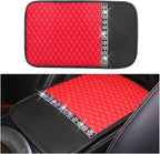 Bling Leather Car Armrest Seat Box Cover, Car Console Armrest Cover with Crystal Rhinestones, Anti-Scratch Waterproof Auto Center Console Protector Cushion Pad for Car SUV Truck (Red)
