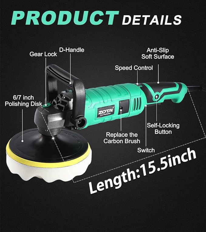 Buffer Polisher, 1600W 7 Inch/6 Inch Pure Copper Motor Car Buffers and Polishers Kit, 7 Variable Speeds 1000-3500 RPM Car Polishers and Buffers, Ultra-long Cord for Car Boat Polishing Waxing.