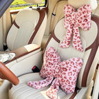 LYFJMUS 4 Pack Plush Bow Car Headrest Pillow and Lumbar Support Pillow Soft Butterfly Car Neck Pillows for Driving Cars Decor (Pink Leopard)