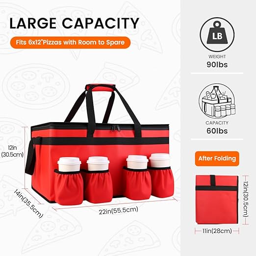 CIVJET Insulated Food Delivery Bag with 4 Cup Holder and Bottom Support, XX-Large Insulated Grocery Bags Keep Food Hot/Cold, Cooler Bags with Drink Carrier, Food Carrier Catering Bag for Events, Red