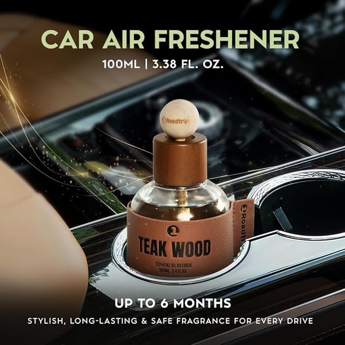Car Air Freshener - Long Lasting Essential Oil Diffuser - Aromatherapy Accessories for Men & Women - Valentines Day Gifts for Him - Teakwood Car Scent Diffuser 3.38 FL OZ/100ML