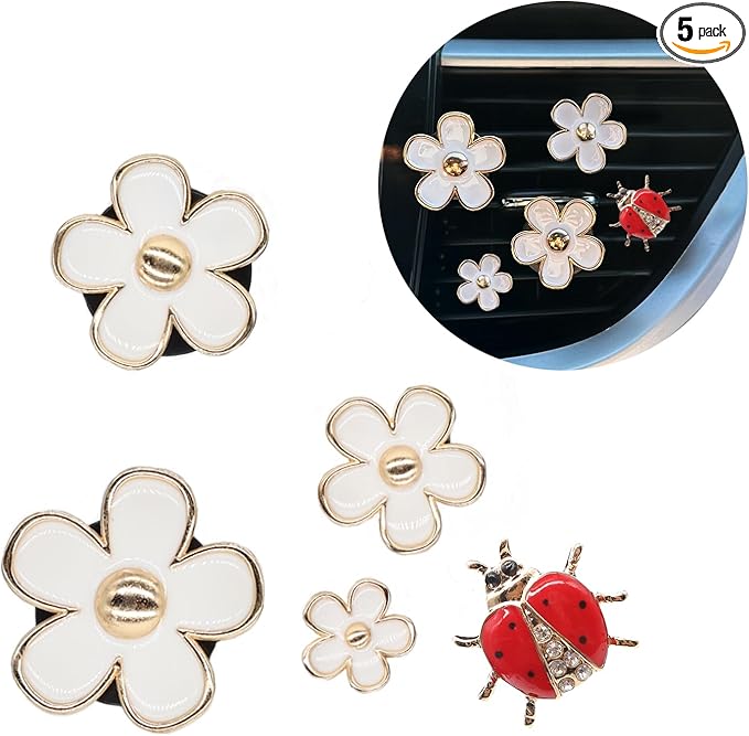 5pcs Flowers Ladybug Air Vent Clips Car Accessories Set 2pcs White Daisy Flower Car Air Freshener Vent Clips 3pcs Vent Decoration Interior Aesthetic Clips Refillable Diffuser