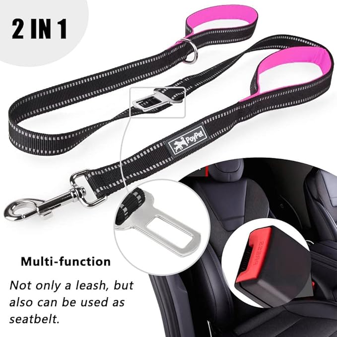PoyPet 5 Feet Heavy Duty Dog Leash - Car Seat Belt - 2 Handles -Padded Traffic Grip for Extra Control(Pink)