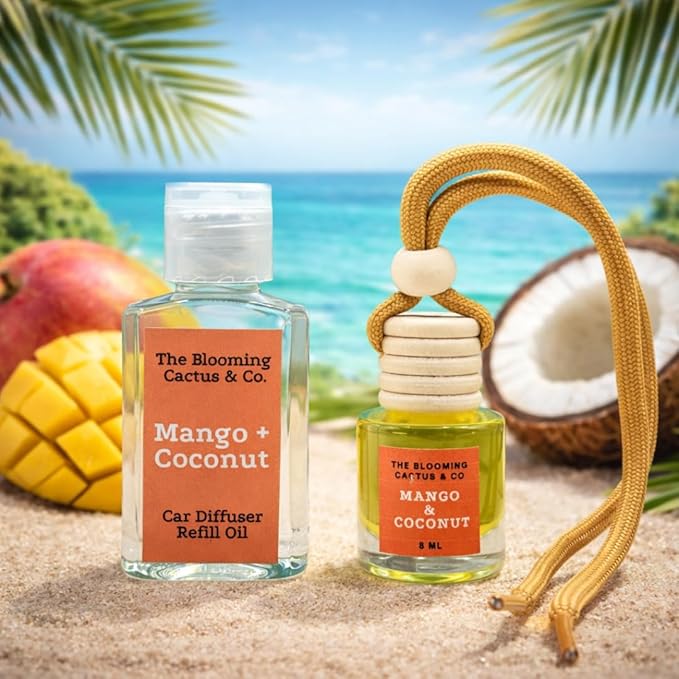 Car Diffuser with Refill included | Car scented on the go | Car Air Freshener Hanging | Long Lasting Fragrance | Phthalate Free Fragrance. (Mango & Coconut)