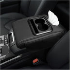 Car Center Console Armrest Pillow, Multifunctional Armrest Box Cover with Cup Phone Tissue Holder & Side Pockets, Waterproof Leather Middle Console Cushion for Most Vehicles (Black, Normal)
