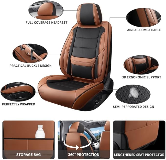 Car Seat Covers Full Set fit for Chevrolet/Chevy HHR 2006-2011 , Premium Faux Leather Waterproof Car Seat Protectors with Lumbar Support, Breathable Anti-Slip Auto Seat Covers(Black&Brown,Full set)