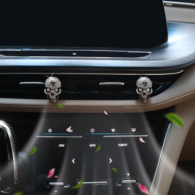 Skull Car Decor 2pcs Bling Skull Car Air Fresheners Vent Clips Black Silver Lightning Skeleton Goth Accessories for Teens Horror Refillable Essential Oil Diffusers