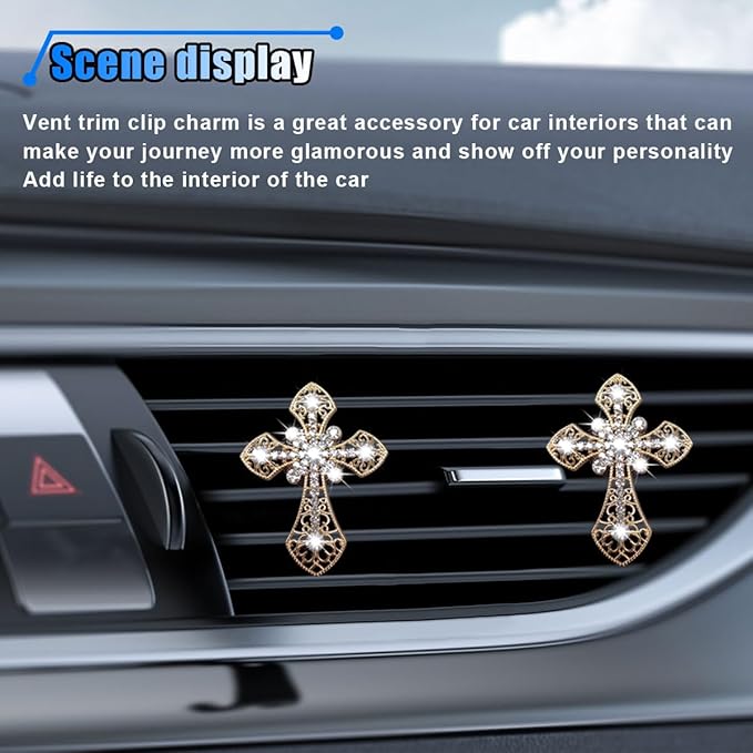 Bling Car Dashboard Air Vent Trim Clips, Crystal Rhinestone Air Vent Clips, Car Interior Decoration Accessories, Cross Air Conditioning Outlet Clip for Women Girls (Gold, 2PCS)