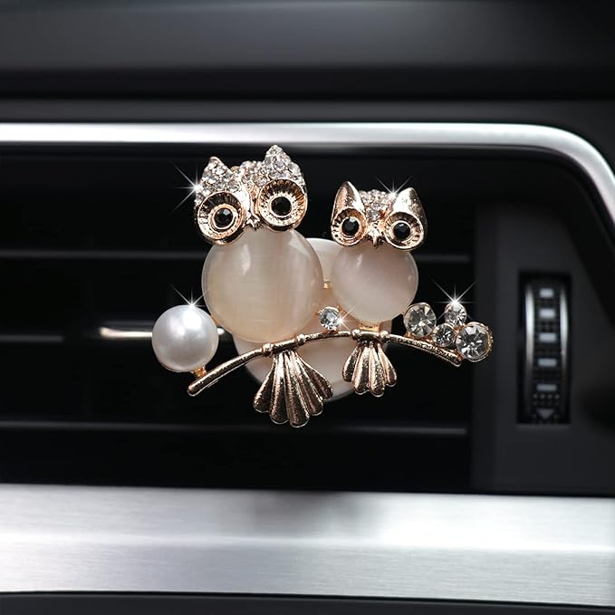 HungMieh 1PCS Bling Car Accessories for Women, Rhinestone Car Décor Interior, Car Charm Air Vent Clip with Pads for Fragrance (Owls Gold)