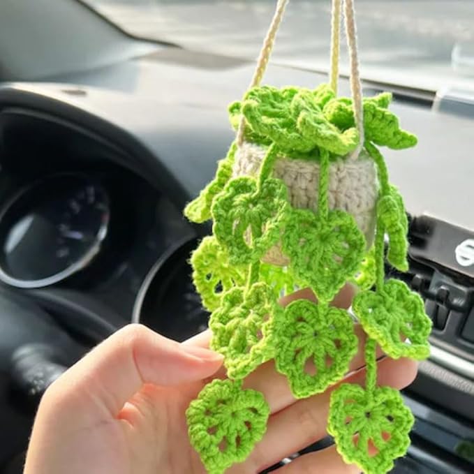 Car Hanging Ornament Knitted Boho Plant for Decor,Cute Crochet Car Hanging Plant Basket Ornament Rear View Mirror Decoration Accessories