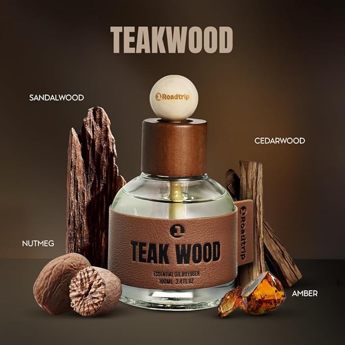 Car Air Freshener - Long Lasting Essential Oil Diffuser - Aromatherapy Accessories for Men & Women - Valentines Day Gifts for Him - Teakwood Car Scent Diffuser 3.38 FL OZ/100ML