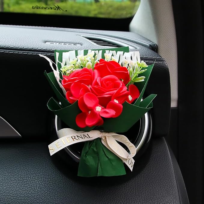 Mini Car Vent Clip Air Freshener, Aesthetic Floral Soap Rose Bouquet Diffuser Decor, Reusable Essential Oil Aroma Pad, Cute Car Accessories Gift for Women (Style A)