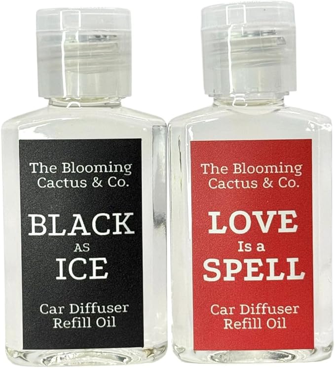 1 OZ Premium Car Diffuser Refill Oil – 2 Pack Long Lasting Fragrance Oil for Car, Home & Office | Compatible with Most Diffusers | Fresh, Pleasant Scent for Every Space (Black Ice + Love is a Spell)