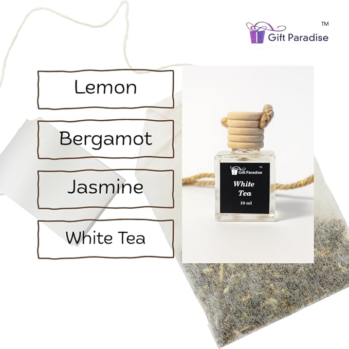 White Tea Car Air Freshener Set of 3 (10 ml Each) | Hanging Design with Velvet Gift Bag | Clean & Refreshing Aroma by Gift Paradise – Perfect for Car, Home & Office