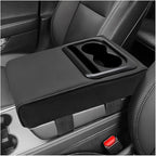 Car Center Console Armrest Pillow, 14"×8.3" Waterproof Leather Armrest Box Cover with Cup and Phone Holder, Soft Memory Foam Arm Rest Console Pad Protector for SUV Truck (Black, Glossy)