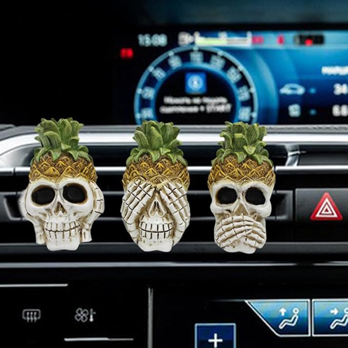 Car Air Fresheners Vent Clips 3 PCS Car Interior Accessories for Men Women Cute Skull Auto Air Conditioner Vent Clip Decor, for Car Office Home Halloween Christmas Gift (Pineapple Skull Set)