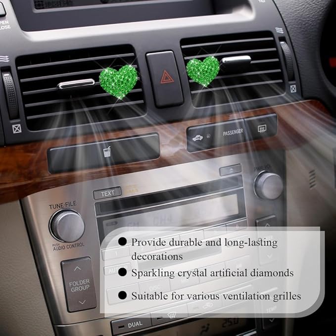 4PCS Bling Heart Air Vent Clips, Car Air Freshener for Women, Air Fresheners Diffuser Clip Charm, Car Air Conditioning Outlet Clip Decorative Accessory for Women Girls (Green, Style1)