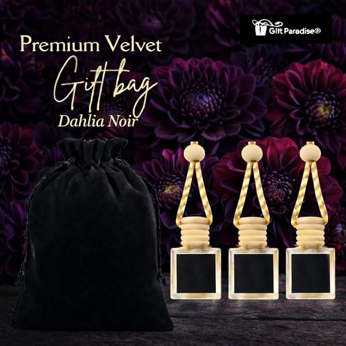 Gift Paradise® Dahlia Noir Car Air Freshener Set of 3 (10 ml Each), Hanging Diffuser with Wooden Lid, Elegant Floral Fragrance for Car Mirror, Home & Closet