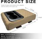 Car Center Console Armrest Pillow, 14"×8.3" Waterproof Leather Armrest Box Cover with Cup and Phone Holder, Soft Memory Foam Arm Rest Console Pad Protector for SUV Truck (Beige, Embroidery)