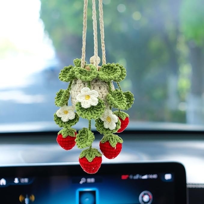 Crochet Hanging Plant Car Air Freshener，10ml Empty Refillable Car Diffuser Bottle with Potted Plants Car Mirror Hanging Accessories Car Air Hanging Fragrance Oil Diffuser (Deep Strawberry)