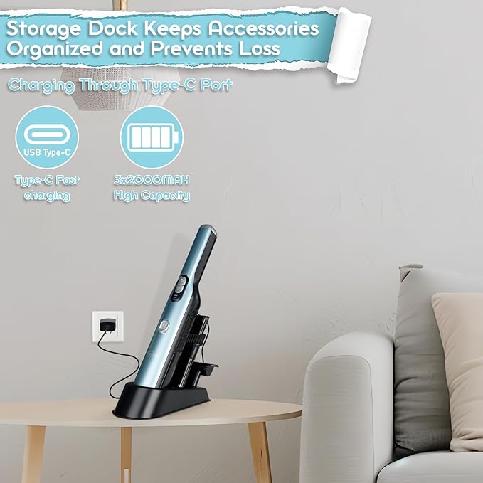 Handheld Cordless Vacuum Cleaner, Portable Car Vacuum with 18KPa Suction Power, Quick-Charge Hand Vac with LED Headlight & Storage Dock for Home Office Desk Keyboards Pet Hair, Blue