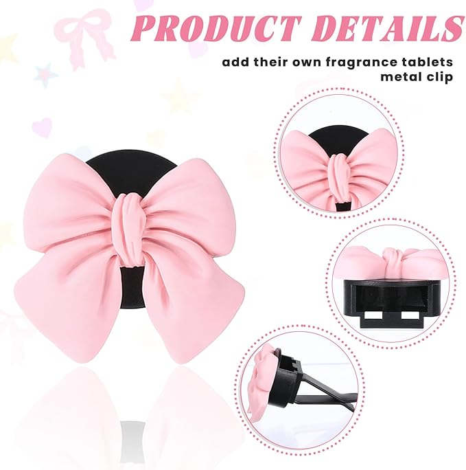 6pcs Pink Bow Car Vent Clips Air Freshener Vent Clip Cute Air Conditioning Outlet Clip Car Interior Decor Charm Accessories(3.2 cm, 3.4 cm)
