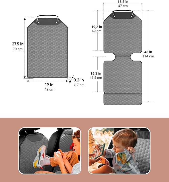 Owleys 2-in-1 Car Interior Guard Bundle | Eco Leather Seat Covers | Kick Mat and Protector | Premium Waterproof Road Trip Child Shield | Holiday for SUV Sedan Truck | Luxury Gray