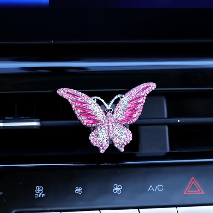 Bling Crystal Car Fragrance Butterfly Car Diffuser Air Freshener with Vent Clip (Pink)