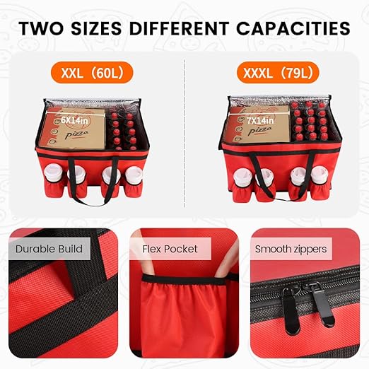 CIVJET Insulated Food Delivery Bag with 4 Cup Holder and Bottom Support, XX-Large Insulated Grocery Bags Keep Food Hot/Cold, Cooler Bags with Drink Carrier, Food Carrier Catering Bag for Events, Red