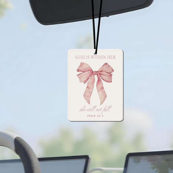Pink Christian Car Air Freshener 4 Pcs, Girly Pink Bow Religious Hanging Air Freshener for Cars, Closet, Drawer, Books, Cute Christian Car Accessories Mirror Decor Gift for Women