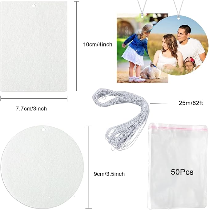 101Pcs Air Freshener Sublimation Blanks Kit Car Scented Hanging Sheets DIY Felt Sublimation Blank Air Freshener Sheet for Car and Home with Elastic Rope and Self-Seal Bags (Circle+Rectangle)