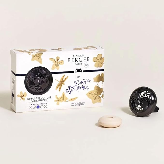Maison Berger Car Diffuser Set – Refillable Vent Clip, Ceramic Refill, Made in France - Luxury Auto Scent - 4-Week Diffusion - Elegant Air Freshener for All Car Vents (Lolita Lempicka Black)