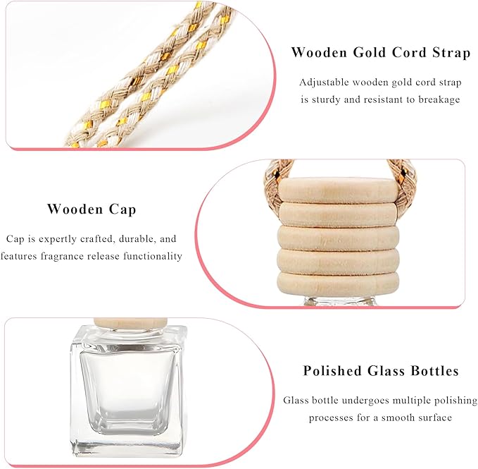 4 PCS Hanging Car Air Freshener, Empty Clear Glass Bottle Pendant Essential Oil Diffuser with Wooden Cap, 8ml Refillable Aromatherapy Bottle Perfume Ornament for Most Vehicles (Square)