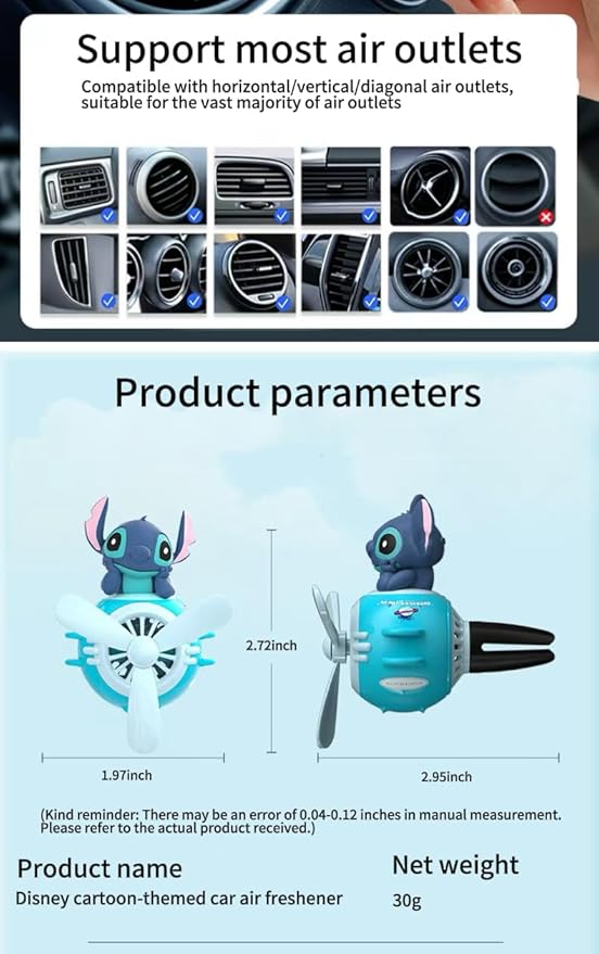 Stitch Car Air Fresheners - Cartoon Pilot Automotive Diffuser, Rotating Propeller Automotive Air Outlet Fan Creative Car Perfume Decoration Accessories with 2 Fragrances